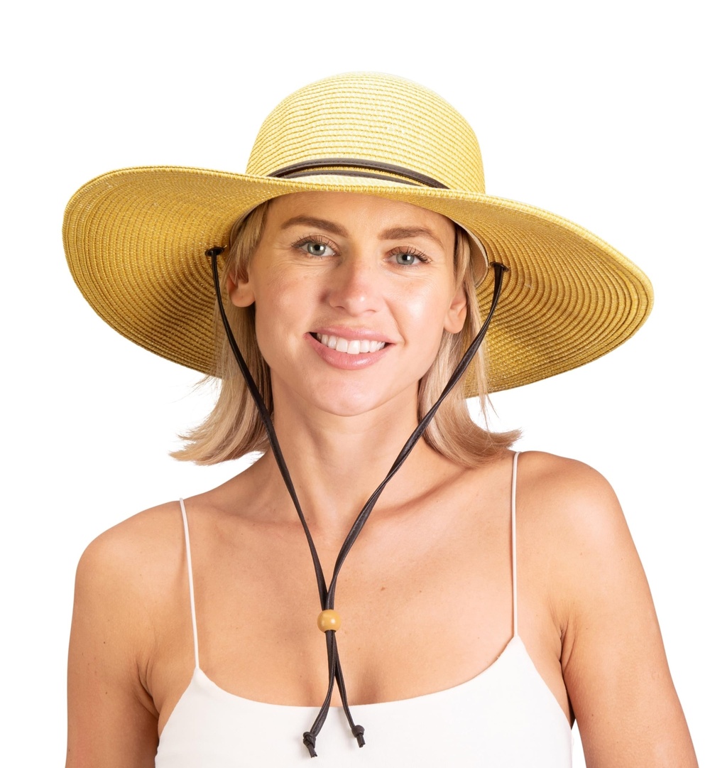 Women's Wide Brim Braided Sun Hat with Wind Lanyard - UPF | Light Brown | Size M